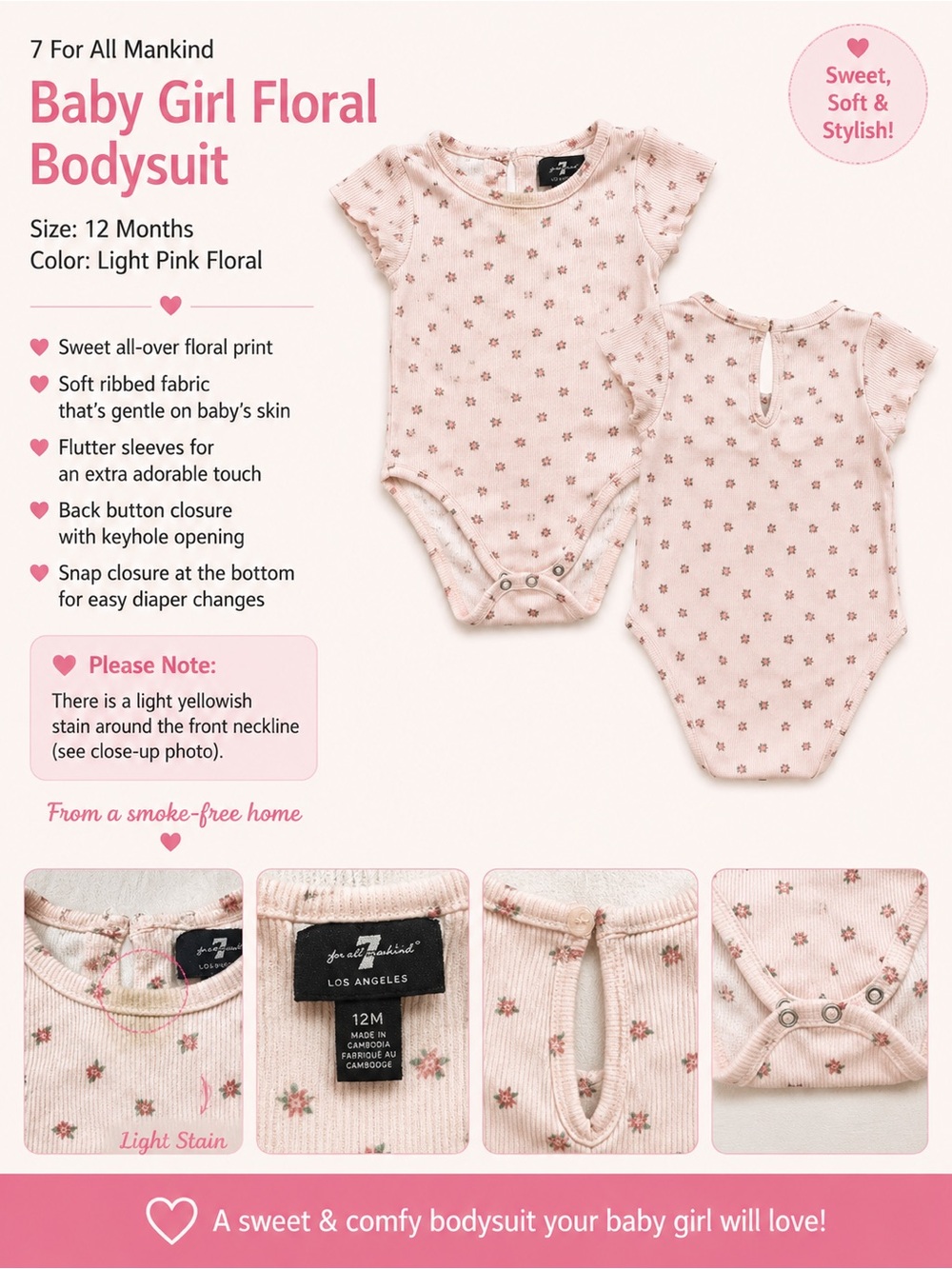 7 For All Mankind Pink Floral Ribbed Bodysuit | 12 Months
